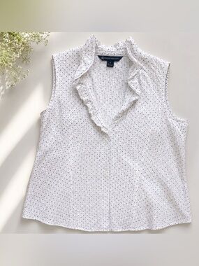Brooks Brothers White Polka Dot Sleeveless Ruffle Top Size 4 100% Cotton